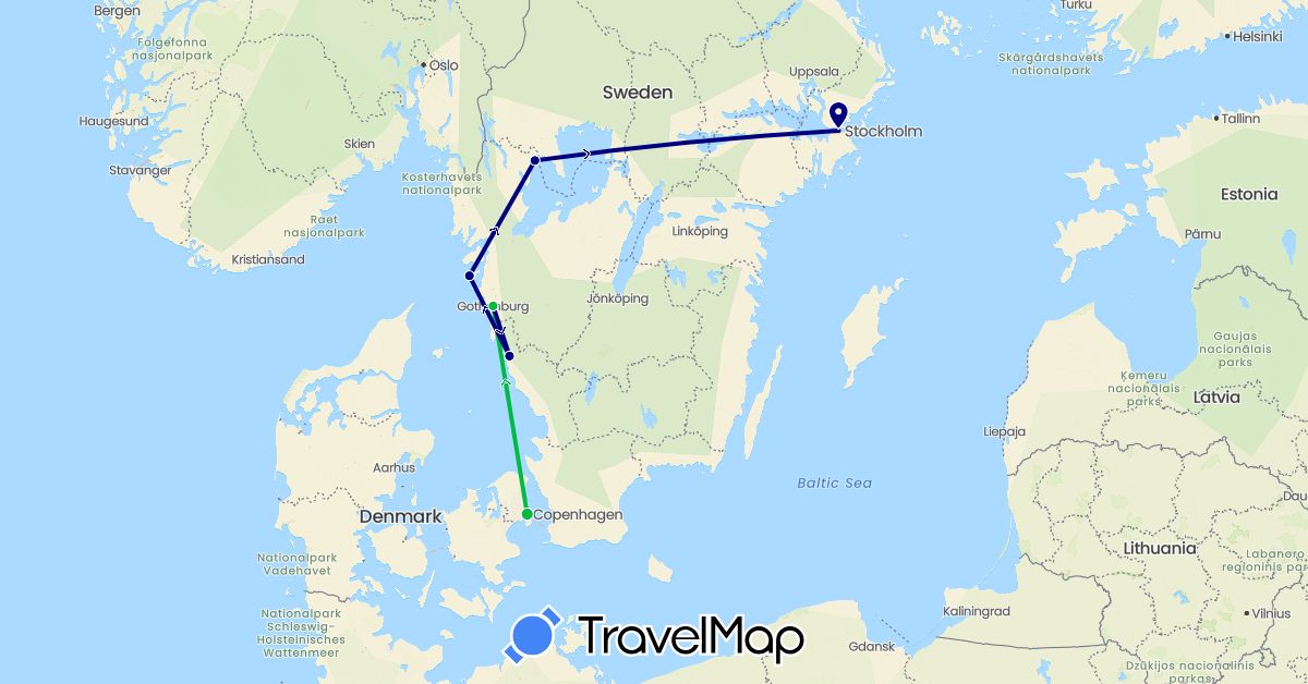 TravelMap itinerary: driving, bus in Denmark, Sweden (Europe)